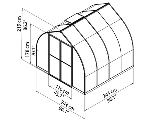 Abbildung eines Gewächshauses mit Maßangaben zu Höhe, Breite und Tiefe.