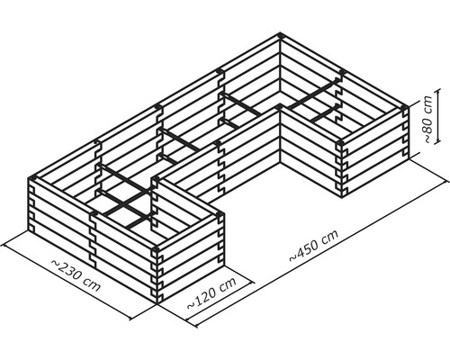 Illustration eines Hochbeets mit den Maßen 230 cm, 450 cm, 120 cm und 80 cm.