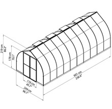 Abbildung eines Gewächshauses mit den Maßangaben 219 cm Höhe, 116 cm Breite und 601 cm Länge
