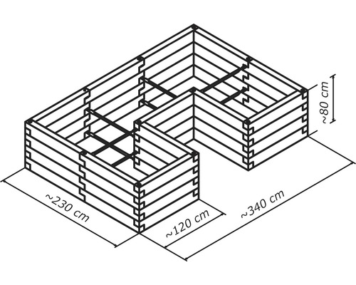 Zeichnung eines Hochbeets mit den Maßen 230 cm, 120 cm, 340 cm und 80 cm
