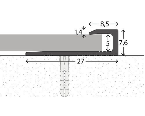 Skizze eines Übergangsprofils mit Maßen und Dübelbefestigung