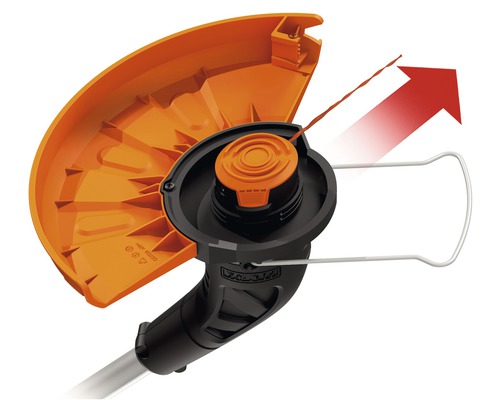 Fadenkopf eines Rasentrimmers mit Schutzbügel und rotem Pfeil