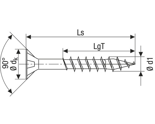 Technische Zeichnung einer Schraube mit Gewinde und Abmessungsangaben
