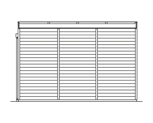 Außenansicht eines Gartenhauses mit horizontaler Holzverkleidung