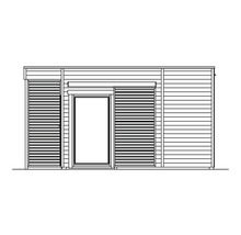 Abbildung eines Gartenhauses mit Tür und Fensterläden.