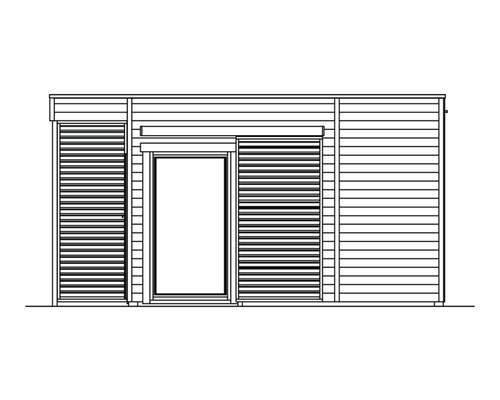 Abbildung eines Gartenhauses mit Tür und Fensterläden.