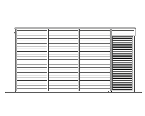 Illustration eines Gartenhauses mit Lamellentür