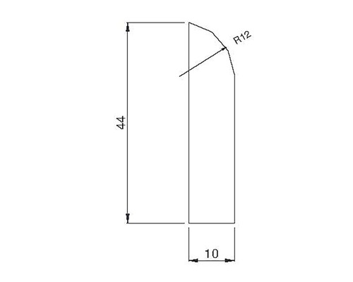Technische Zeichnung mit Maßangaben eines Werkstücks: 44 Millimeter Höhe, 10 Millimeter Breite, Radius von 12 Millimetern