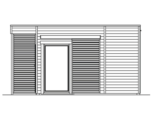Illustration eines Gartenhauses mit Tür und Rollläden
