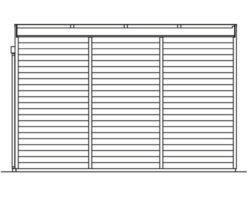 Illustration eines Gartenhauses mit horizontaler Holzverkleidung.