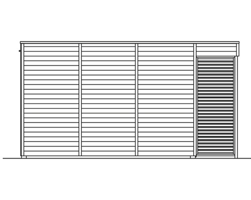 Illustration einer Gartenhütte mit horizontaler Holzverkleidung und Rolltor