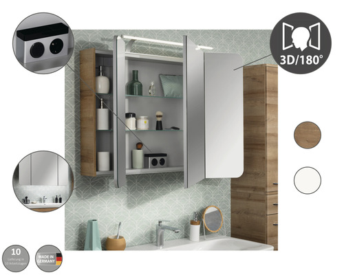 Offener Spiegelschrank im Badezimmer mit Ablagen, Steckdosen und 3D/180 Grad Symbol
