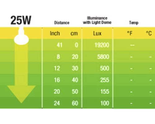 Tabelle mit Informationen zur Beleuchtungsstärke einer 25 Watt Lampe bei verschiedenen Abständen in Zentimetern und Zoll sowie Angaben in Lux
