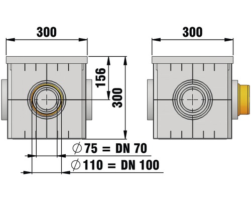 Zeichnung eines Kontrollschachts mit den Maßen 300 x 300 x 300 mm und einem Durchmesser von 75 mm (DN 70) oder 110 mm (DN 100)