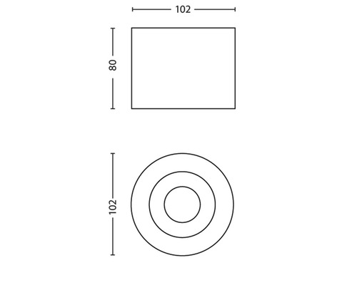 Technische Zeichnung eines Produkts mit rechteckiger Form, 102 x 80 mm, und runder Form, Durchmesser 102 mm