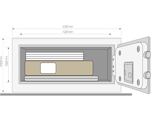 Offener Tresor mit Innenmaßen in Millimeterangabe