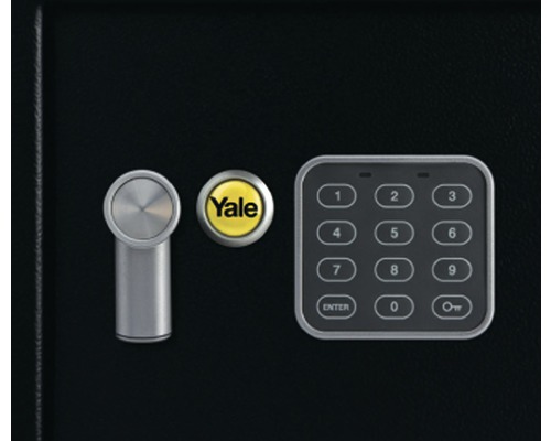 Detailansicht eines Tresorschlosses mit digitalem Tastenfeld und Yale Logo