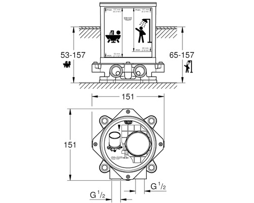 Technische Zeichnung eines Grohe Installationsblocks mit Maßangaben