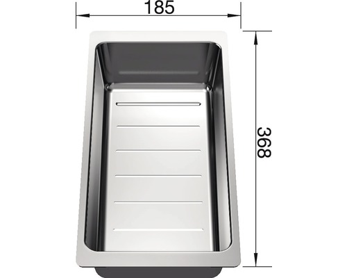 Edelstahlspüle mit den Maßen 185 x 368 mm.