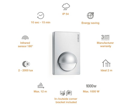 Steinel Infrarotsensor mit 180 Grad Erfassungswinkel, einstellbarer Leuchtdauer, IP 54 Schutzart und Energiesparfunktion