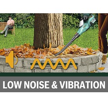 Laubbläser im Einsatz mit Symbol für geringe Geräuschentwicklung und Vibration