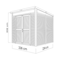 Technische Zeichnung eines Gartenhauses mit den Maßen 232 cm Höhe, 226 cm Breite und 234 cm Tiefe.