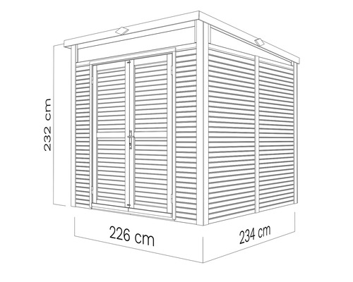 Technische Zeichnung eines Gartenhauses mit den Maßen 232 cm Höhe, 226 cm Breite und 234 cm Tiefe.