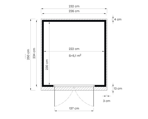 Grundriss mit Maßangaben: 232 cm x 250 cm