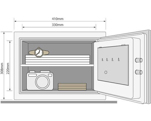 Geöffneter Tresor mit Wertgegenständen und Größenangaben