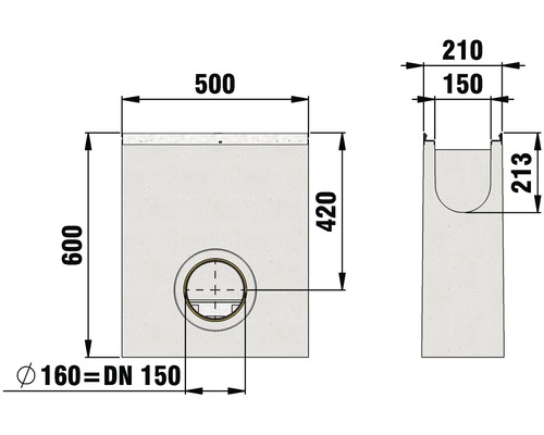 Technische Zeichnung eines Schachtunterteils mit Maßangaben
