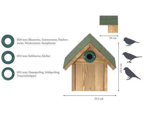 Vogelhaus aus Holz mit Dach und verschiedenen Einfluglochgrößen
