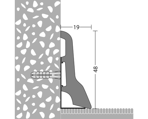 Schematische Darstellung einer Sockelleiste mit Abmessungen 19 und 48 Millimeter.
