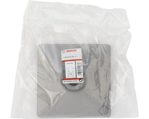 Bosch Logo. Quadratische Aufnahmeplatte mit den Maßen 150 x 150 Millimeter in Verpackung.