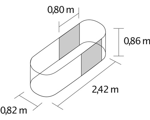 Technische Zeichnung eines Pools mit den Maßen 0,82 Meter Breite, 2,42 Meter Länge und 0,86 Meter Höhe