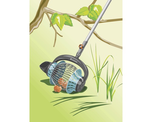 Illustration eines Nusssammlers mit Teleskopstiel unter einem Baum