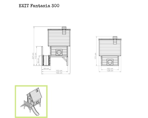 Technische Zeichnung EXIT Fantasia 300 Spielhaus mit Abmessungen