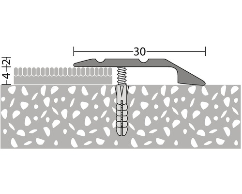 Installationsskizze für ein Übergangsprofil mit Befestigungsmaterial und Maßangaben.