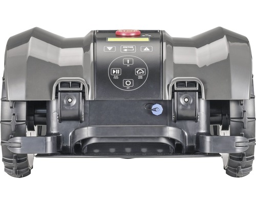 Rückansicht eines Rasenmähroboters mit Bedienelementen