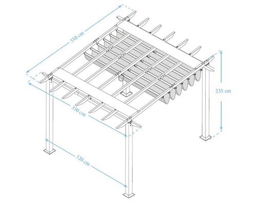 Illustration einer Pergola mit den Maßen 350 cm x 350 cm x 235 cm und einer Pfostenbreite von 320 cm.