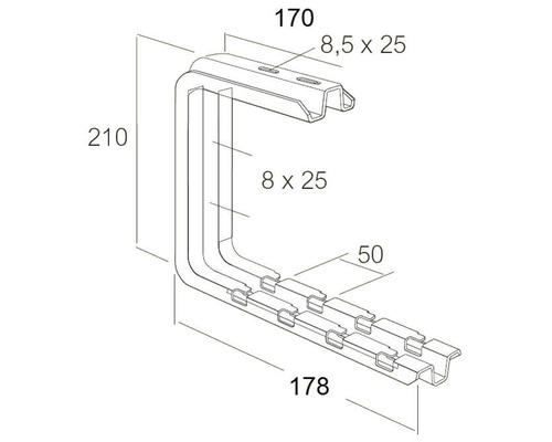 Technische Zeichnung eines Wandhalters mit Maßangaben