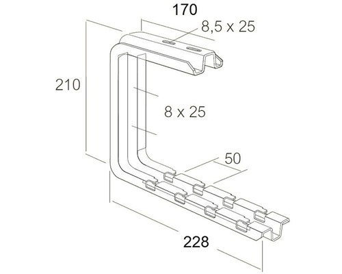 Technische Zeichnung einer Metallschiene mit Maßangaben