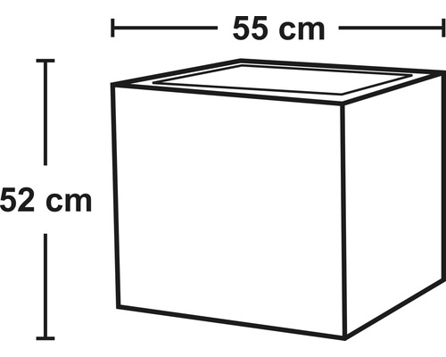 Produktzeichnung eines Pflanzgefäßes mit den Maßen 55 x 55 x 52 Zentimeter.