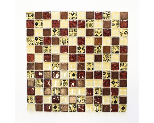 Glasmosaik mit Naturstein XCM CB25 30,0x30,0 cm beige rot Mosaikfliese mit braunen und gemusterten Elementen