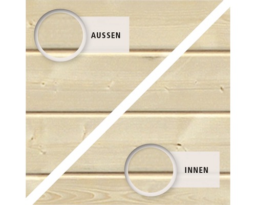 Holzwand mit Kennzeichnung für Außen und Innen