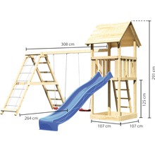 Spielturm mit Schaukel, Rutsche und Kletterwand mit Maßangaben