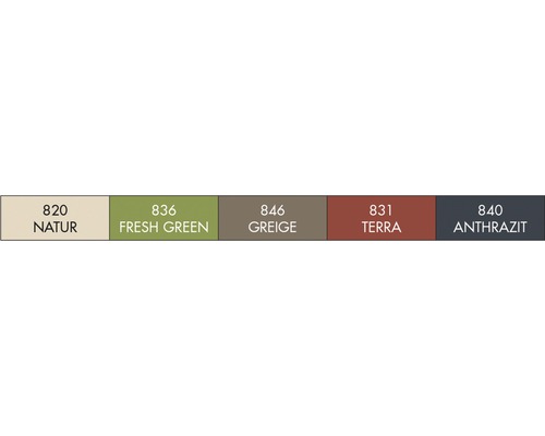Farbmusterkarte mit den Farben Natur, Fresh Green, Greige, Terra und Anthrazit