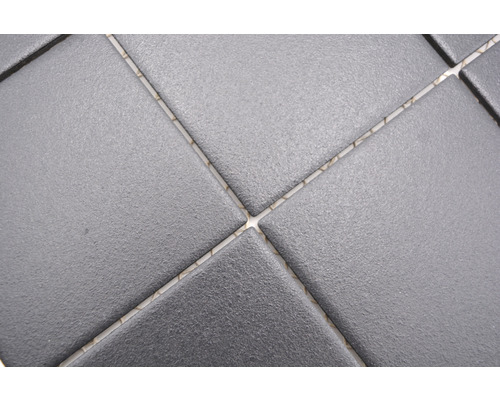 Nahaufnahme von quadratischen, dunklen Bodenfliesen mit Fugen