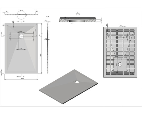 Technische Zeichnung einer Duschwanne mit Maßangaben