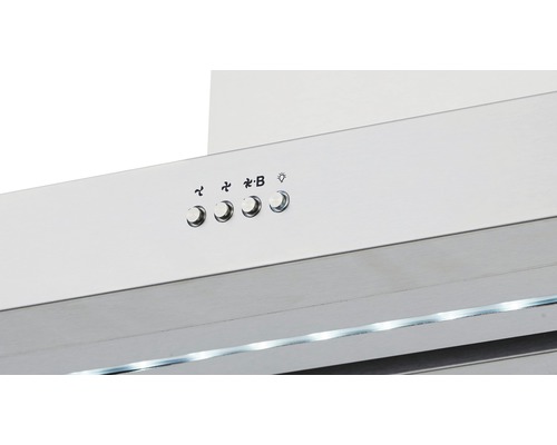 Edelstahl Dunstabzugshaube mit Bedienelementen für Gebläsestufen und Beleuchtung