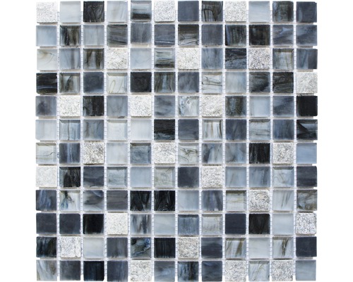 Glasmosaik mit Naturstein XCR 2507 30,2x30,2 cm schwarz grau